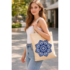 Prageet Canvas Tote Bag for Women with Zipper | 350 GSM Cotton Printed Tote | Stylish College Office Travel Shoulder Bag | Fits 14-15 Inch Laptop | Eco Friendly Reusable Cloth Handbag (MAND-BLU)
