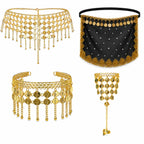 VRITRAZ Women's Chiffon Belly Dance 30 Coin Headband, Wrist Band, Face Veil And Metal Hip Scarf (Gold)