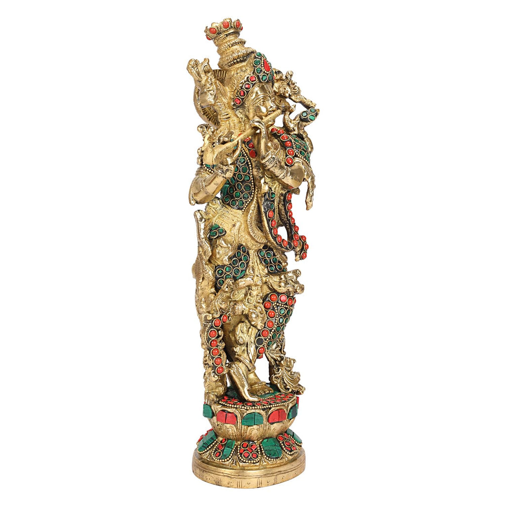 SVARUP Brass Big Size Standing Krishna Playing Flute Murti Decorative Showpiece for Home Office Table Deck Decor and Gift 14 Inch