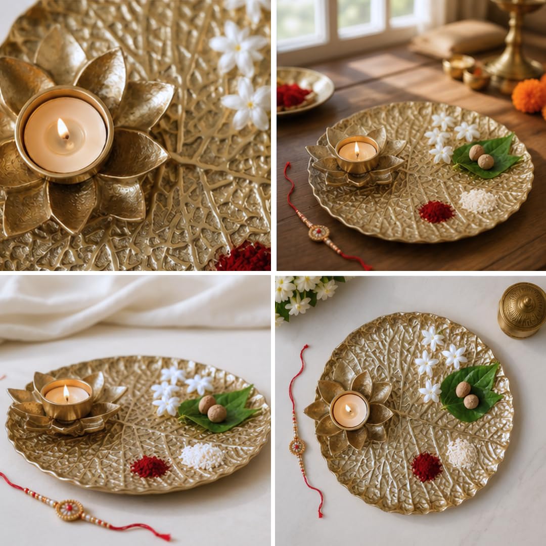 BEHOMA Golden Metal Lotus Pooja Thali with Tea-Light Holder, 25.5cm