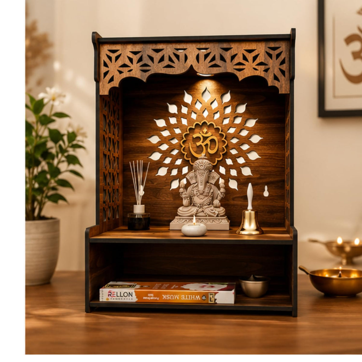 Shubharambh Wooden Temple for Home Pooja | Premium Engineered Wood Mandir with Om Laser Cut Design | Wall Mounted & Tabletop Puja Mandir | Decorative Wooden Temple for Home, Office (12 Inch)