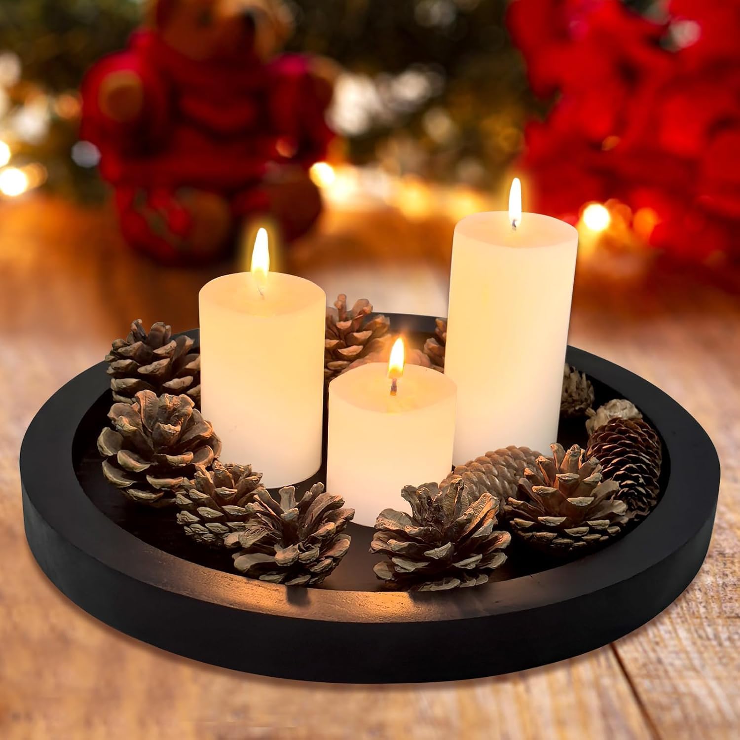 Weqxux Round Decorative Tray Serving Trays for Food and Drinks Rustic Wooden Coffee Table Trays Home Decor Farmhouse Centerpiece One Set of Ottoman Kitchen countertops. (Black)