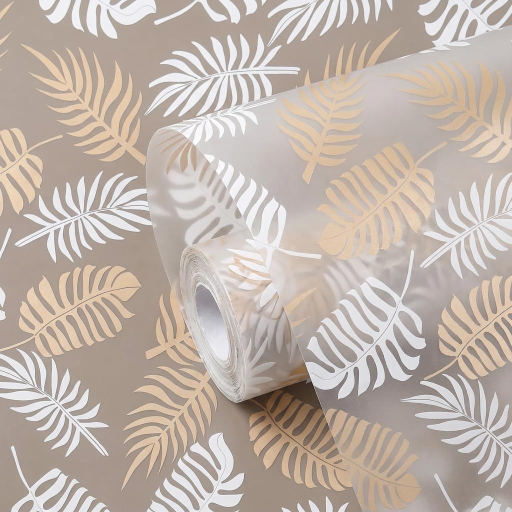 Star Weaves (50 cm x 5 Meter) Anti Slip Drawer Mats for Kitchen Shelf Liners for Kitchen Shelves, Sheet for Fridge, Kitchens, Cabinet, Cupboard, Drawers, Wardrobe (Beige & White Leafs) Kafalo
