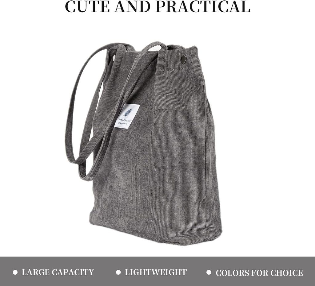 Street27 Womens Korean Canvas Corduroy Tote Bag Casual Work Shoulder Handbags|Multi-Purpose Bag |Sturdy Canvas Bag With Large Capacity|Shopping Bag For Office,College & Daily Use (Dark Grey)