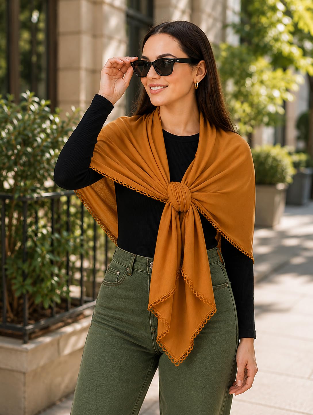 Ravaiyaa Women Solid Chiffon Scarves With Lace Border | Women Lightweight Breathable Solid Color Soft Chiffon Long Fashion Scarves Sun-proof Shawls Wrap (Mustard Yellow)