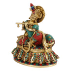 Svarup Brass Shri Krishna Idol with Cow Kishan Bhagwan Murti Lord Krishna Cow Statue with Flute Big Size Height 8 Inch Weight 3.2 Kg Multicolor