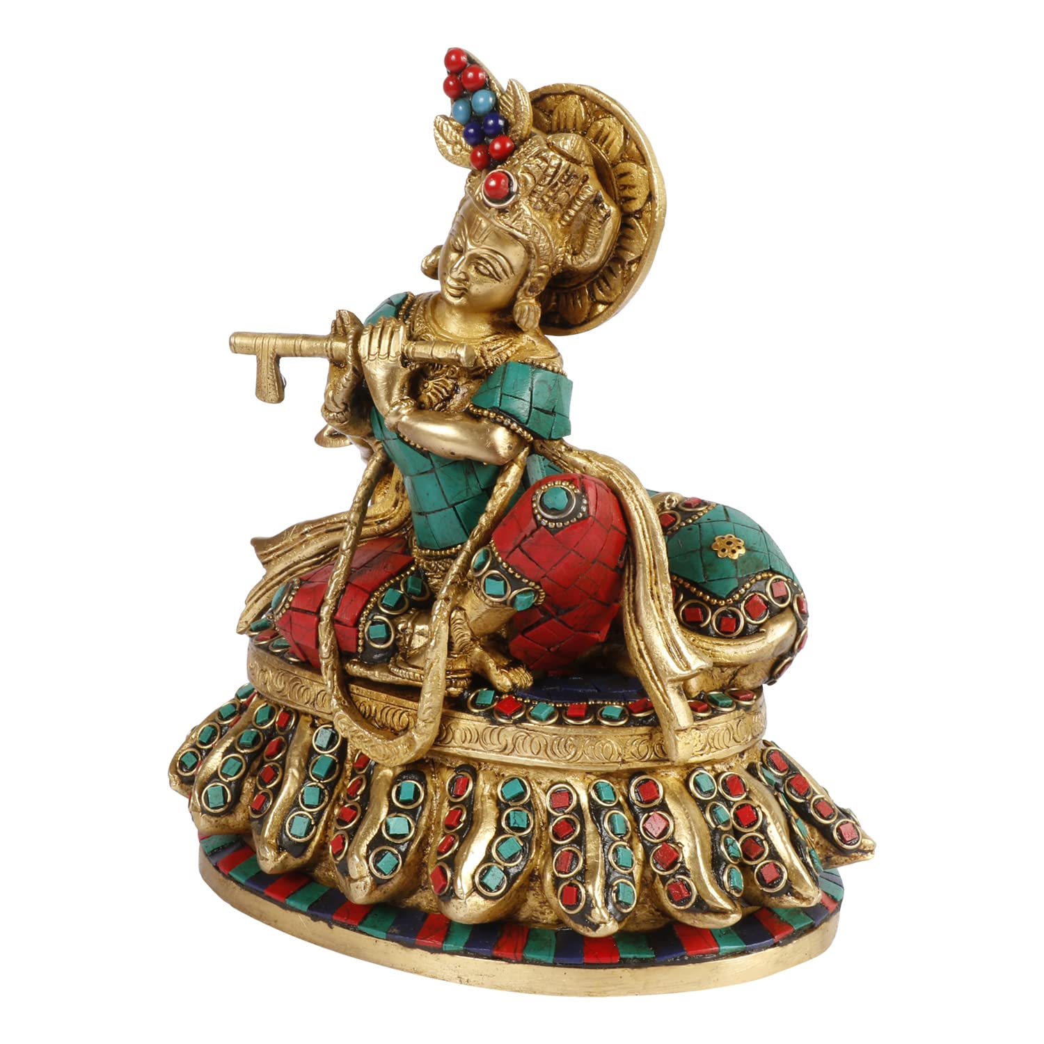Svarup Brass Shri Krishna Idol with Cow Kishan Bhagwan Murti Lord Krishna Cow Statue with Flute Big Size Height 8 Inch Weight 3.2 Kg Multicolor