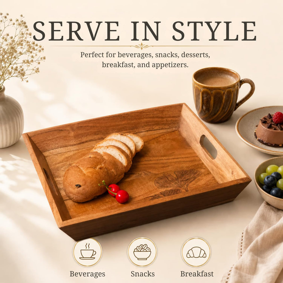 The Sanctum Handcrafted Hand-Painted Print Serving Tray | Premium Wooden Entertaining Tray | Decorative Home Décor Accessory | Part of Six-Piece Artisan Collection