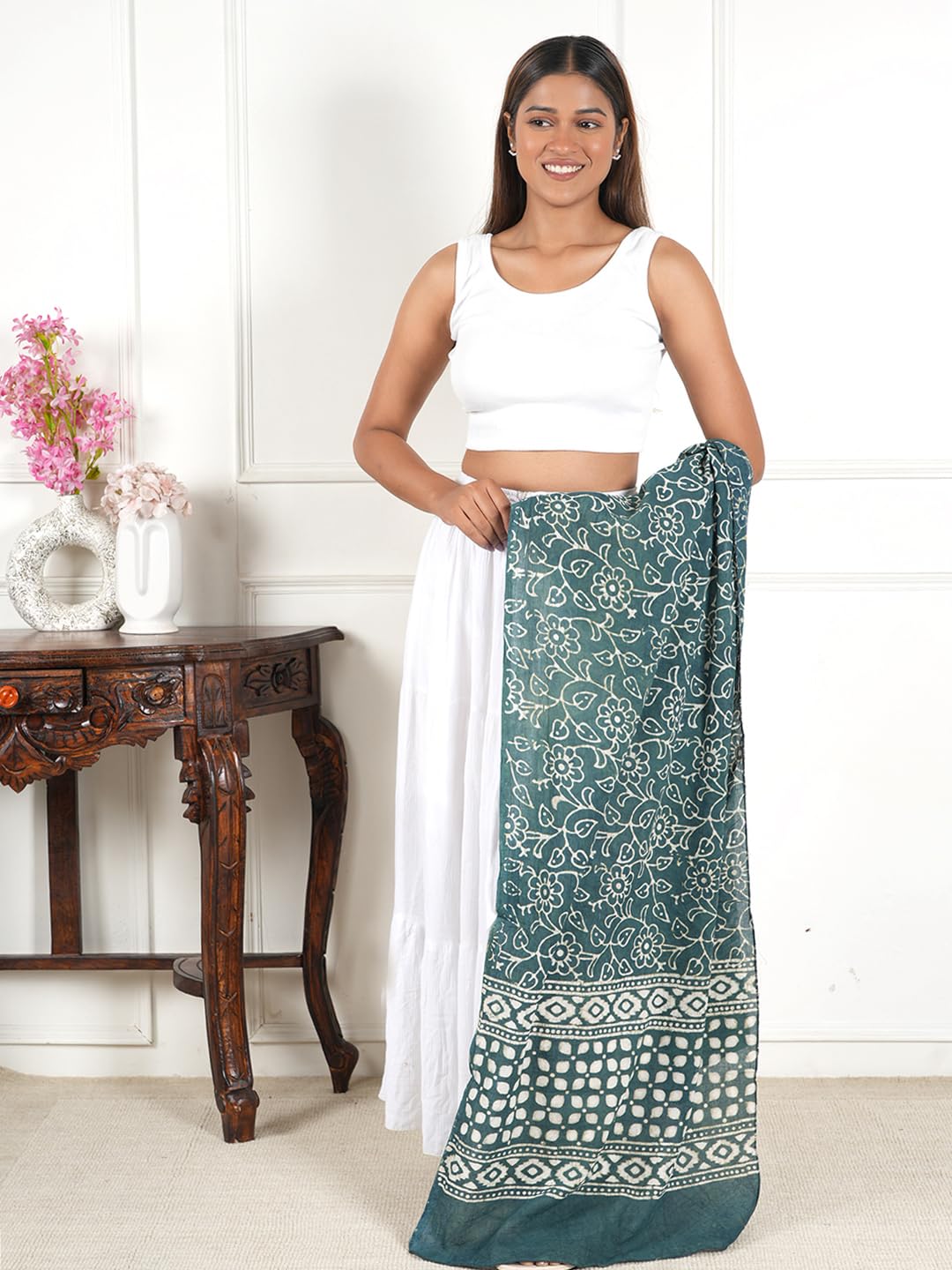 Gutthi Women's Cotton Stoles | Scarf Lightweight & Comfortable for All Seasons | Soft Floral Scarves, Size (100X180 CM) (Green)
