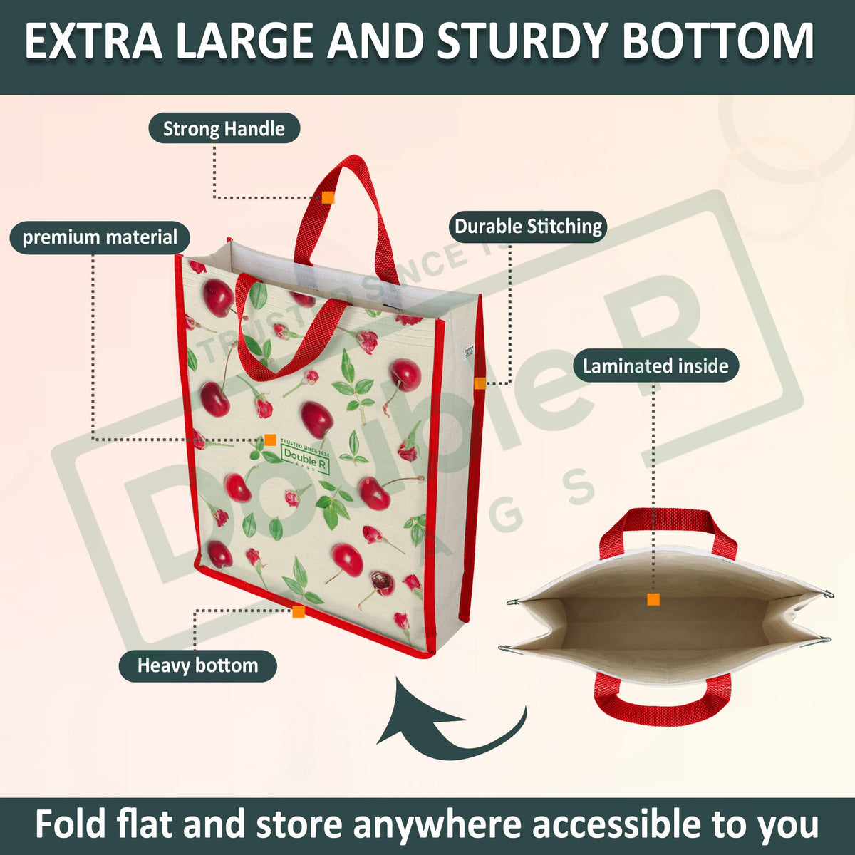 DOUBLE R BAGS Unisex Big Eco Cotton Canvas Shopping Bag for Grocery, Milk, Fruits & Vegetables | Reusable Jhola Tote with Reinforced Handles | Cherry Print, 34x9.5x39.5 cm, 1 Compartment (Pack of 2)