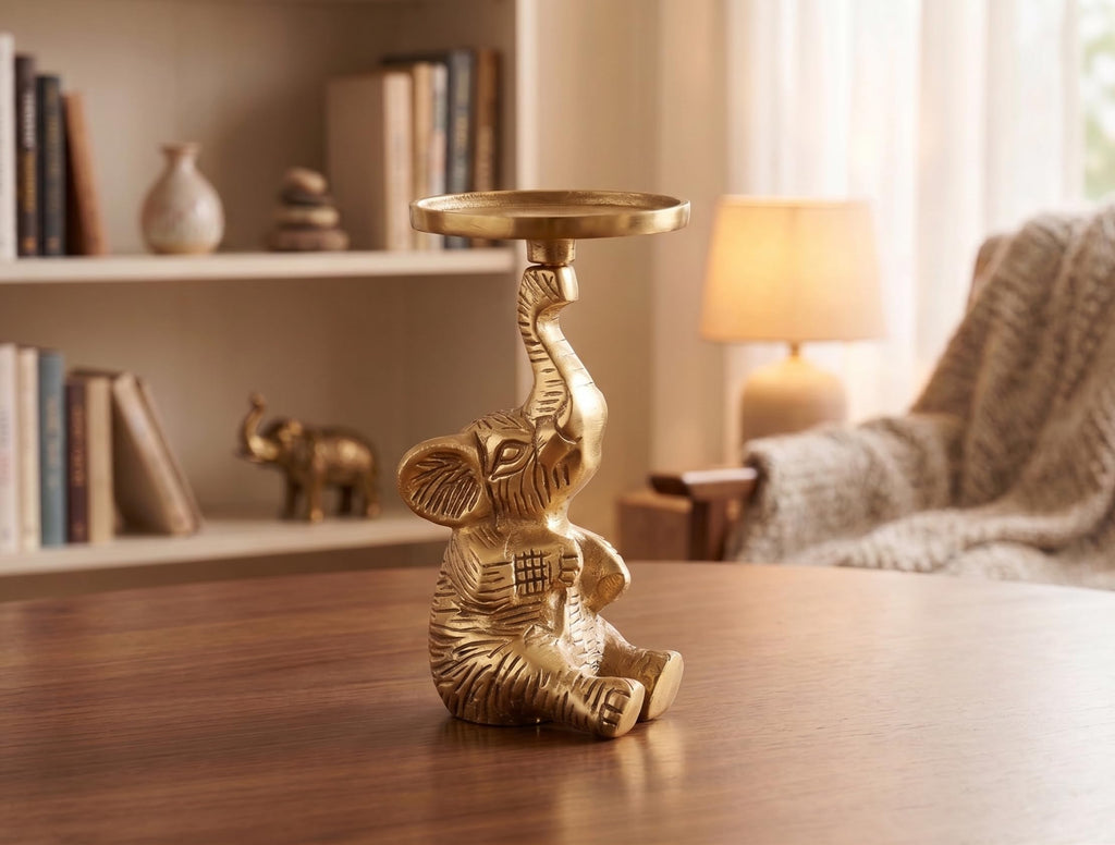 Kridaykraft Baby Elephant Figurine T-Light Candle Holder Gold (15 cm, 300 gm) — Decorative Sitting Elephant Showpiece for Home Decor, Diwali Gifting, and Table Accents. (Candle Not Included)
