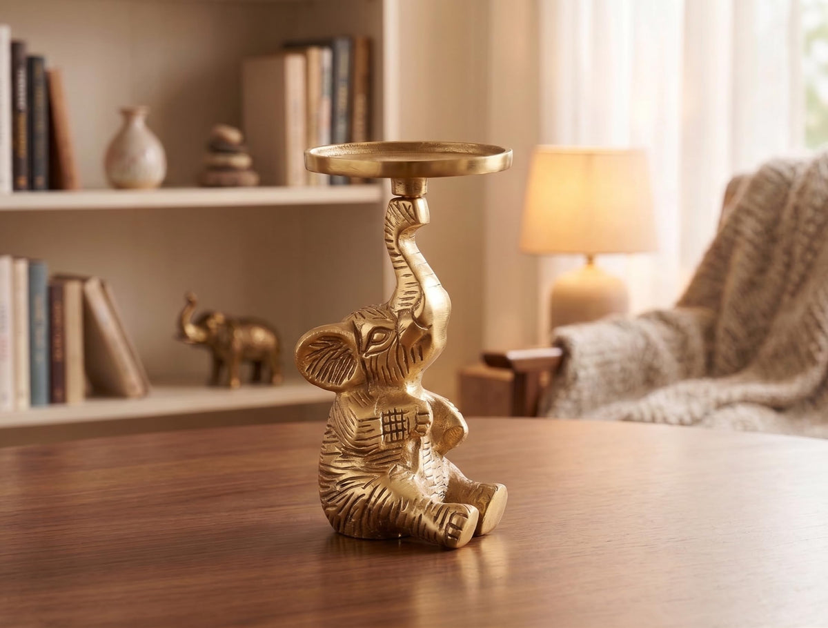 Kridaykraft Baby Elephant Figurine T-Light Candle Holder Gold (15 cm, 300 gm) — Decorative Sitting Elephant Showpiece for Home Decor, Diwali Gifting, and Table Accents. (Candle Not Included)