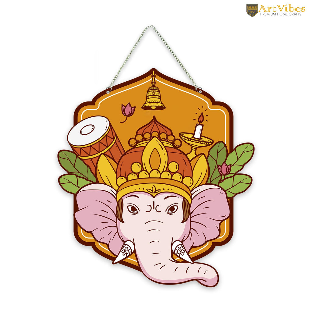 Artvibes Shri Ganesha Auspicious Wooden Art Work Wall Hanging For Good Luck Properity Vastu | Spiritual Decor Items | Paintings | Wall Poster| Stylish Modern Decor Item | Gift Items (WH_8608N)