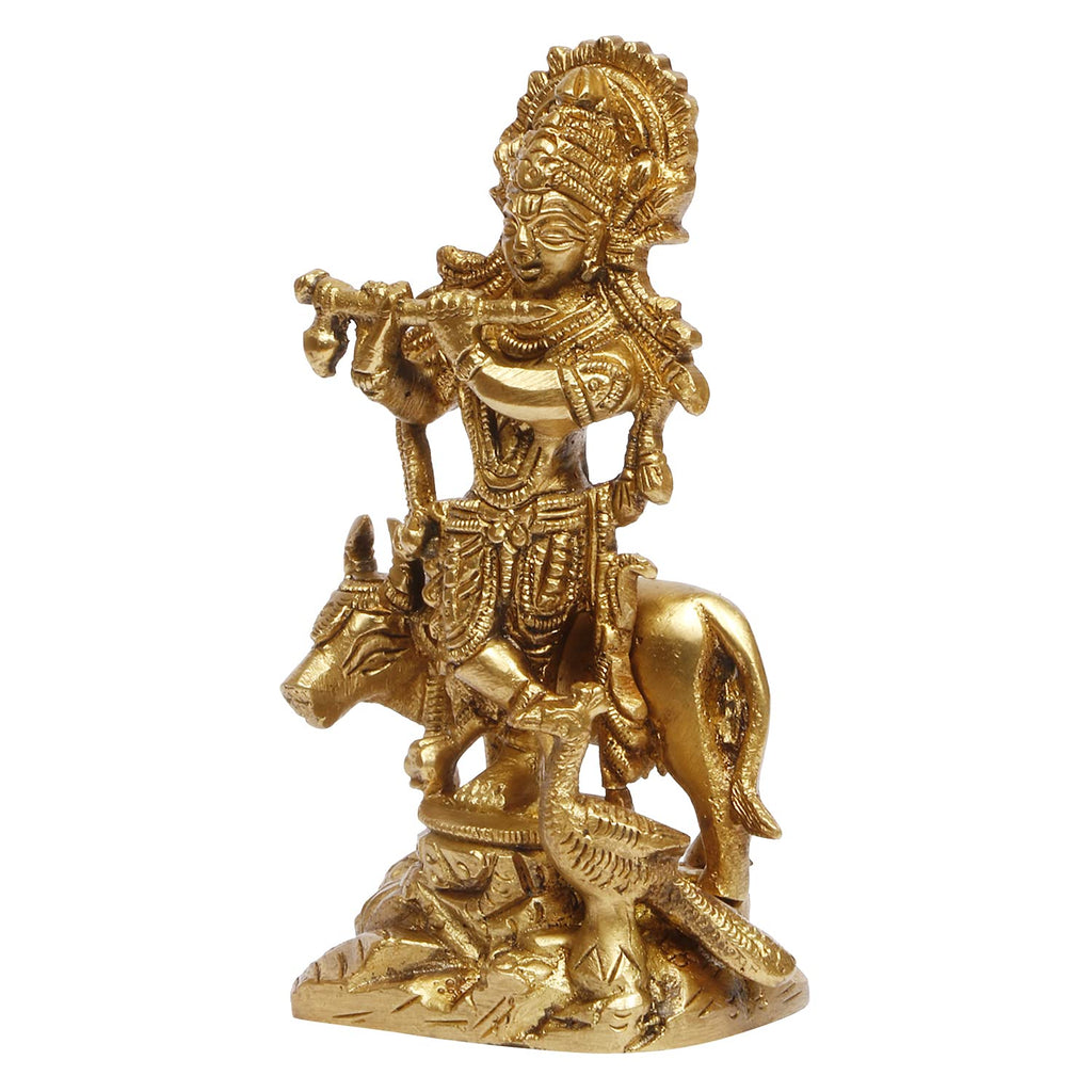 ARTVARKO Lord Krishna God Murti Brass Statue of Love Flute Playing with Cow and Peacock Home Décor Living Pooja Room Mandir Temple Height 4.5 Inch