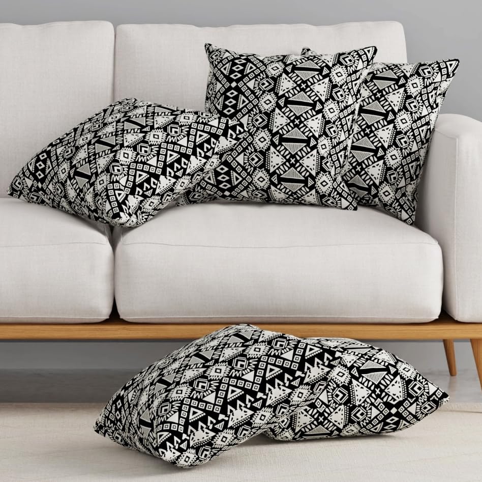 HUESLAND Premium Cotton Cushion Cover 16 x 16 inch Set of 5 | Decorative Throw Pillow Covers for Sofa, Living Room & Bedroom | Geometric Black