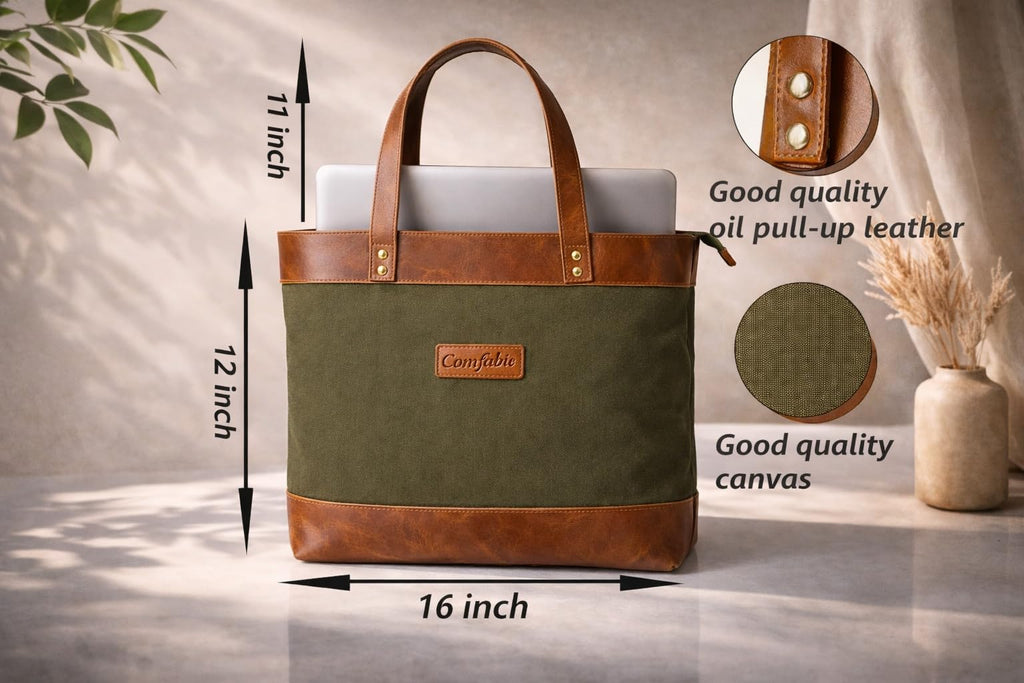 Comfabie tote Bag for Women Handcrafted Women's Canvas Bag with pure Leather Shoulder Tote Bag & Handbag for Office and College | Women Office Bag for Ladies | Ladies Purse Handbag (Olive Green)