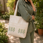Suryatra Meadow Blossom Canvas Tote Bag for Women & Men | Premium Cotton Canvas Shoulder Bag with Dual Front Pockets | Tote Bag for Office, College, Shopping & Travel | Natural | 14 x 16 Inches