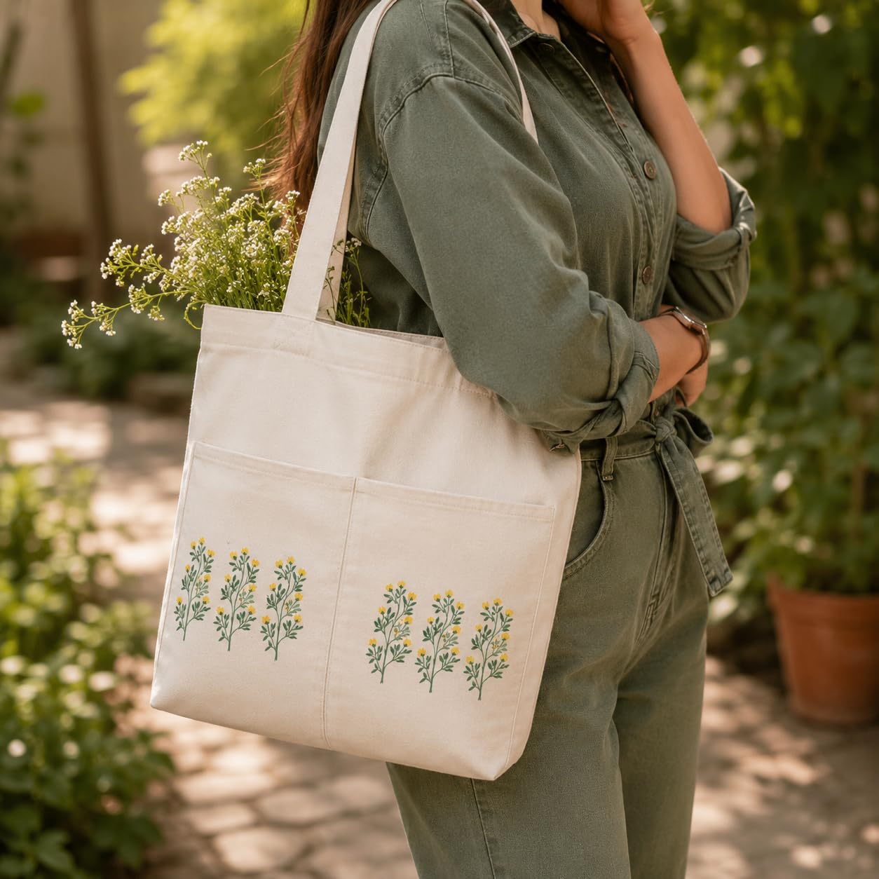 Suryatra Meadow Blossom Canvas Tote Bag for Women & Men | Premium Cotton Canvas Shoulder Bag with Dual Front Pockets | Tote Bag for Office, College, Shopping & Travel | Natural | 14 x 16 Inches