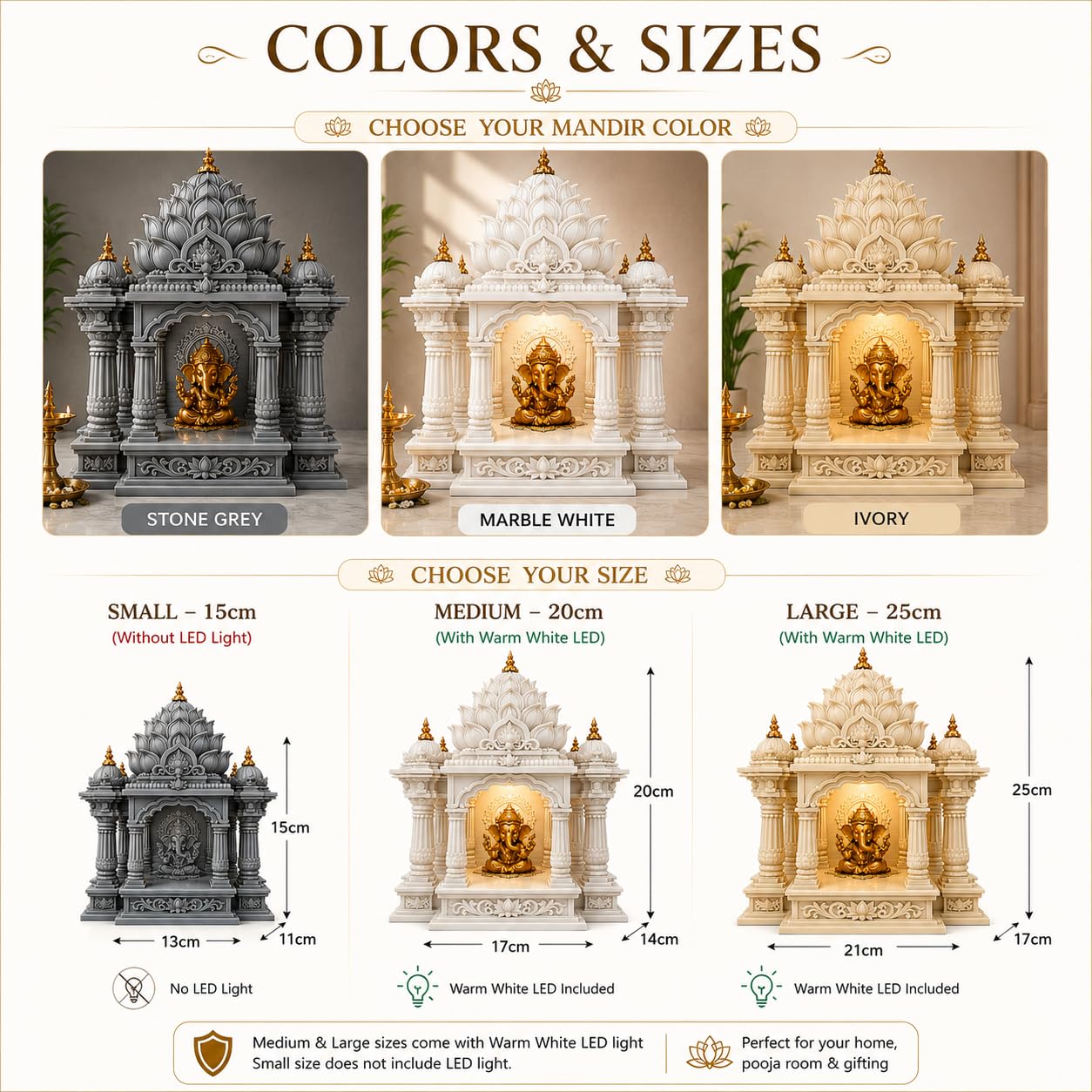 Premium Lotus Mandir for Home Decor | LED Temple | Customizable (Hanuman, Ivory, Medium)