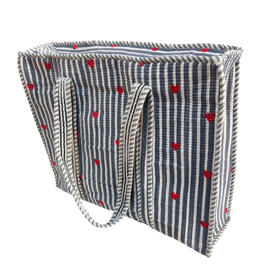 Bazaar Bhoot Edition Premium Cotton Quilted Shopping Tote Bag - Multipurpose Long Lasting Foldable Reusable Bag with zipper for Shopping, Travel & Daily Use - Made in India (Heart Gray)
