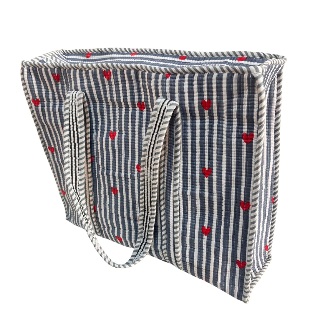 Bazaar Bhoot Edition Premium Cotton Quilted Shopping Tote Bag - Multipurpose Long Lasting Foldable Reusable Bag with zipper for Shopping, Travel & Daily Use - Made in India (Heart Gray)