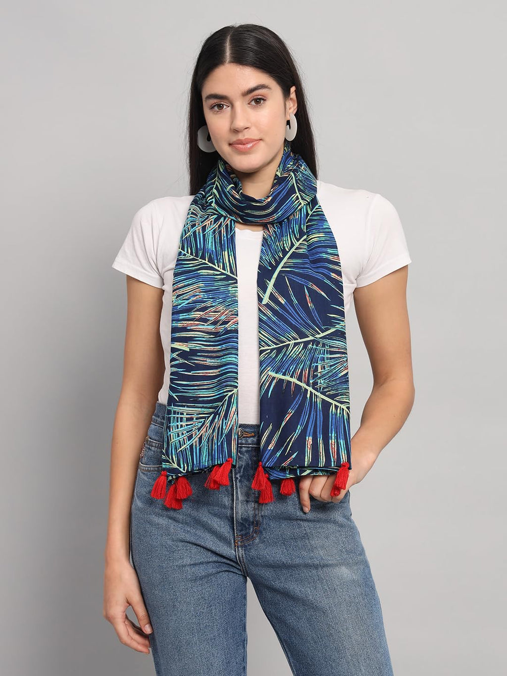 Ravaiyaa - Attitude is everything Women Blue & Green Hand Block Leaf Printed Cotton Tasseled Scarf 71 X 21 Inch