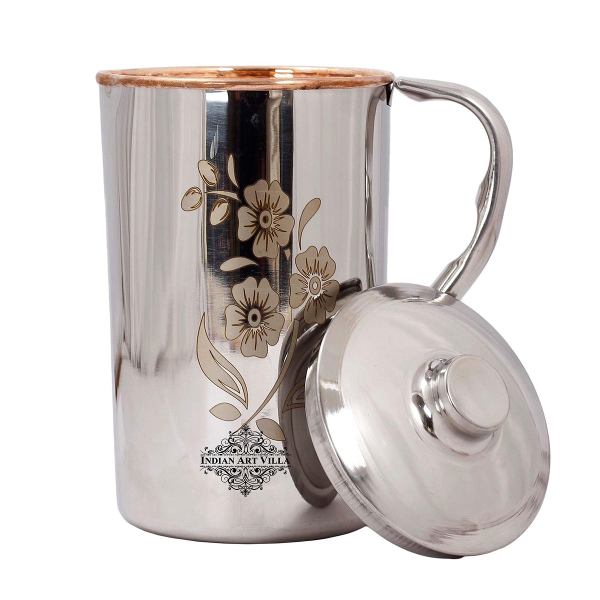 Indian Art Villa Steel Copper Floral Design Jug Pitcher with Lid, Storage & Serving Water, Beneficial for Health, Volume-1000 ML