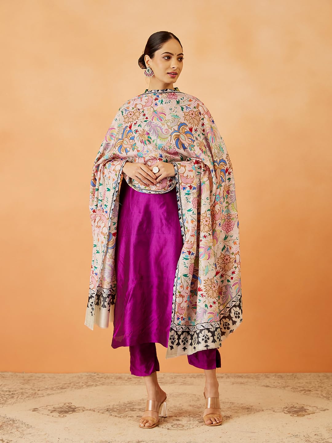 Pashmoda Women Shaheen Fine Wool Fabric Pashmina Kalamkari Embroidered Shawl, Stole and Wrap, Sustainable and Natural Fabric, Heritage Kashmiri Pashmina(Size 40x80)