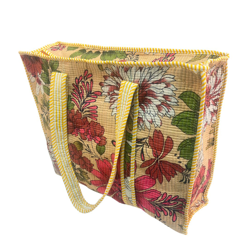 Bazaar Bhoot Edition Premium Cotton Quilted Shopping Tote Bag - Multipurpose Long Lasting Foldable Reusable Bag with zipper for Shopping, Travel & Daily Use - Made in India (Floral Beige)