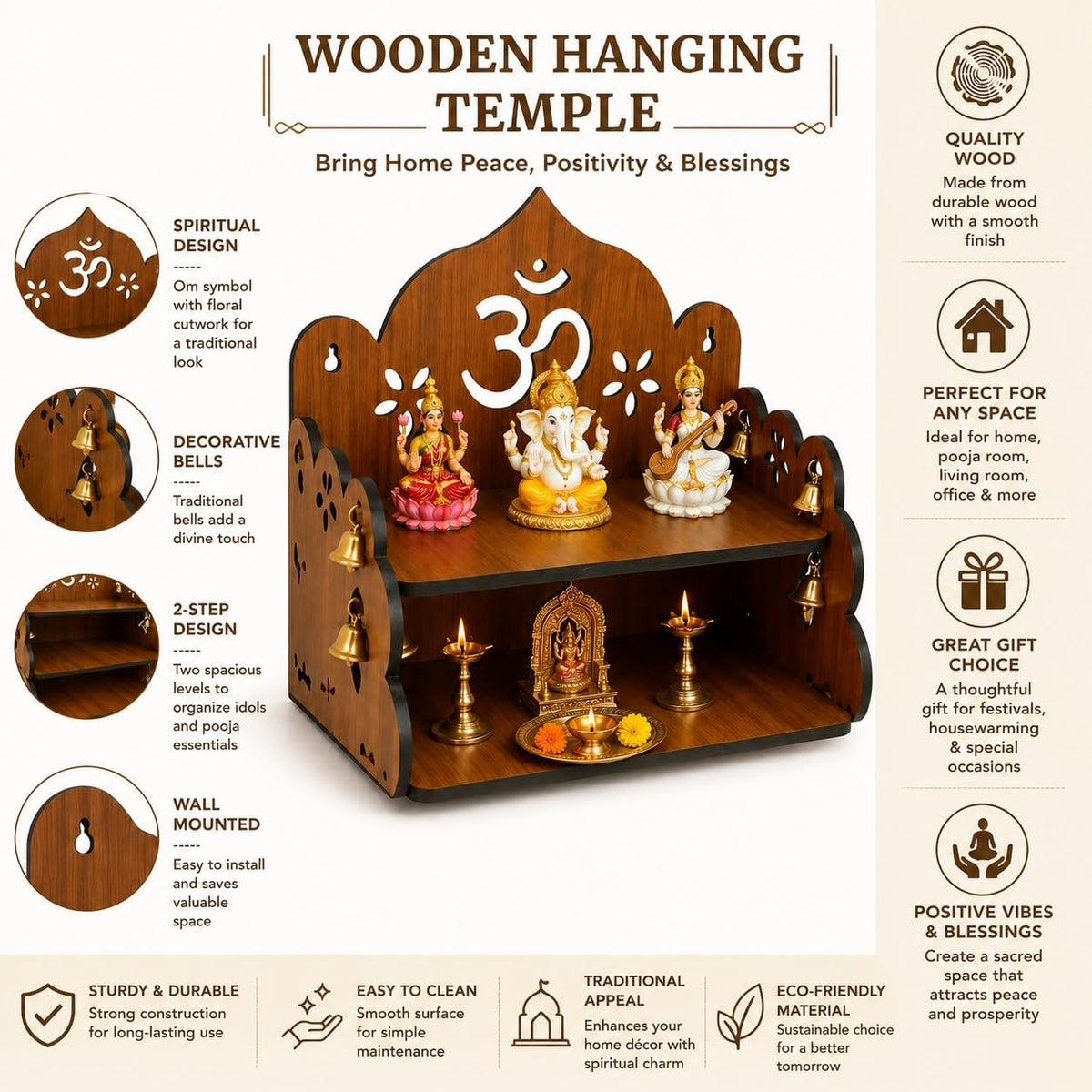 Wooden Wall Hanging Mandir for Home & Office, 2 Step Pooja Temple (Brown)