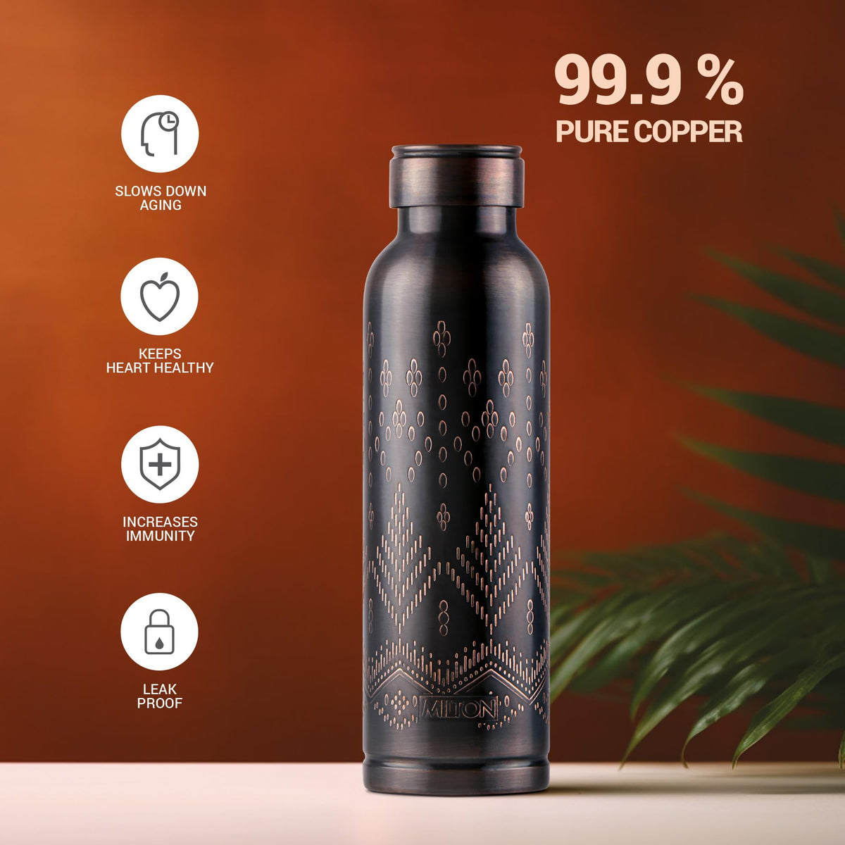 MILTON Copper Swasth Water Bottle, 940 ml, Black Ethnic | Lacquer Coating, Curved bottle | Diwali | Festive | Gifting | Yoga | Home | Kitchen | Vedic