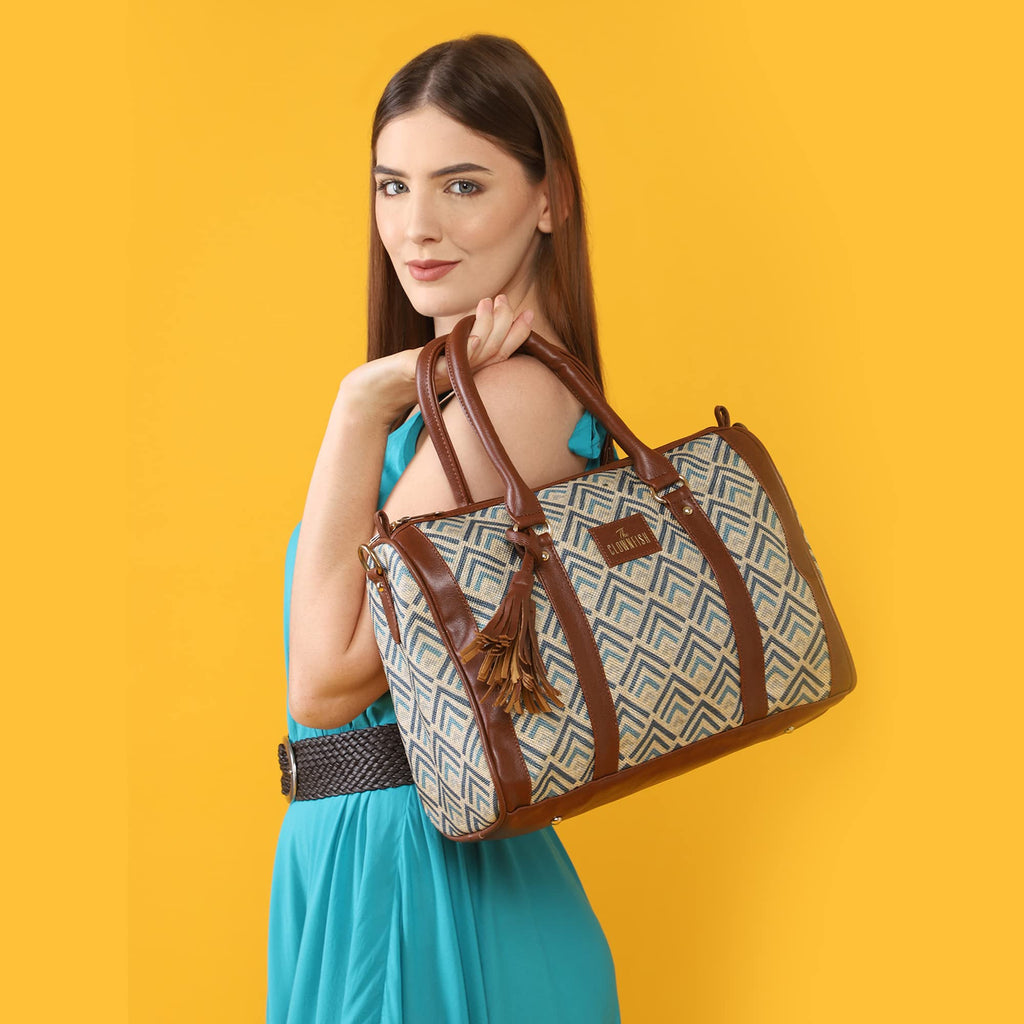 THE CLOWNFISH Lorna Printed Handicraft Fabric Handbag for Women Office Bag Ladies Shoulder Bag Tote for Women College Girls (White with Grey Stripes)