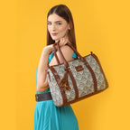 THE CLOWNFISH Lorna Printed Handicraft Fabric Handbag for Women Office Bag Ladies Shoulder Bag Tote for Women College Girls (White with Grey Stripes)
