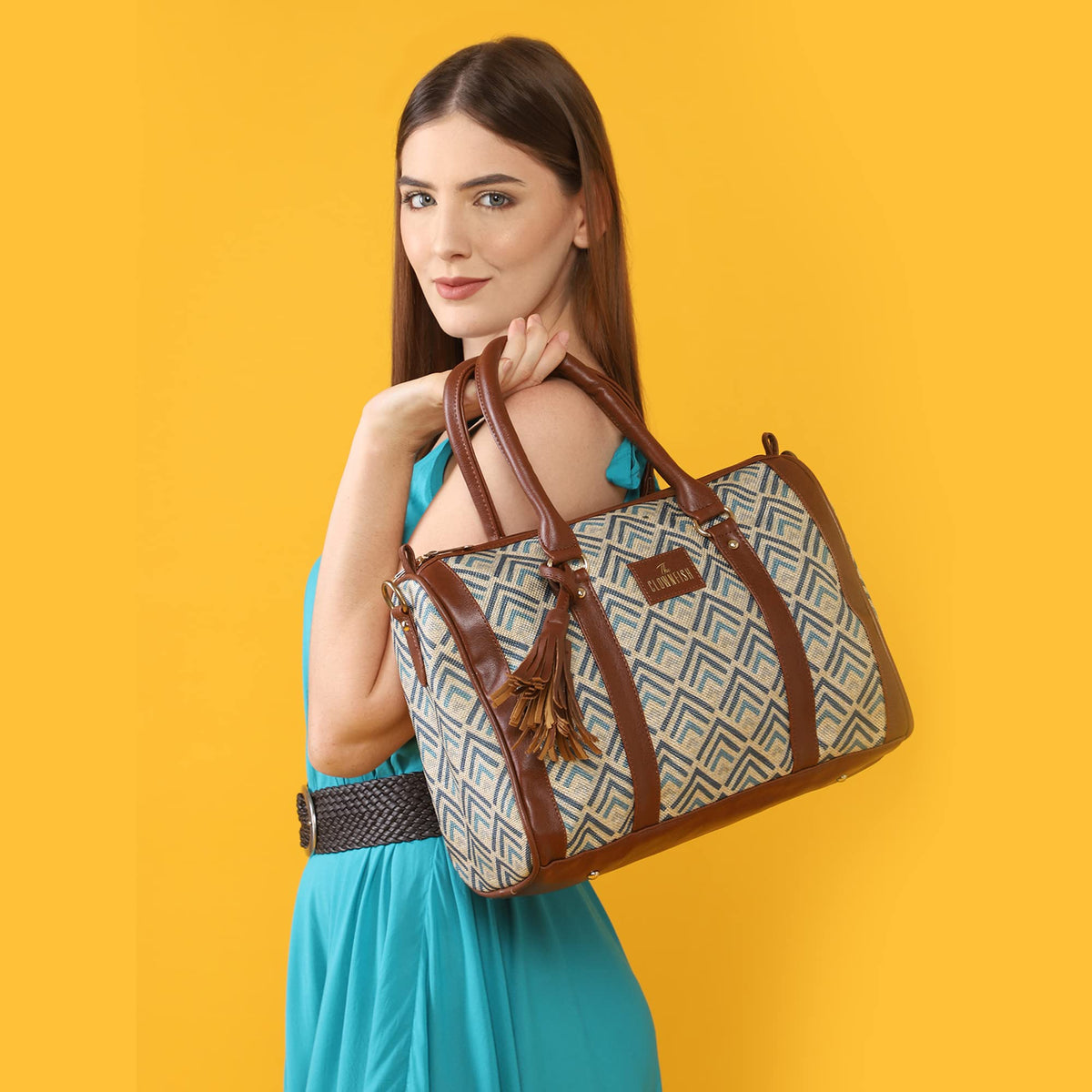 THE CLOWNFISH Lorna Printed Handicraft Fabric Handbag for Women Office Bag Ladies Shoulder Bag Tote for Women College Girls (White with Grey Stripes)