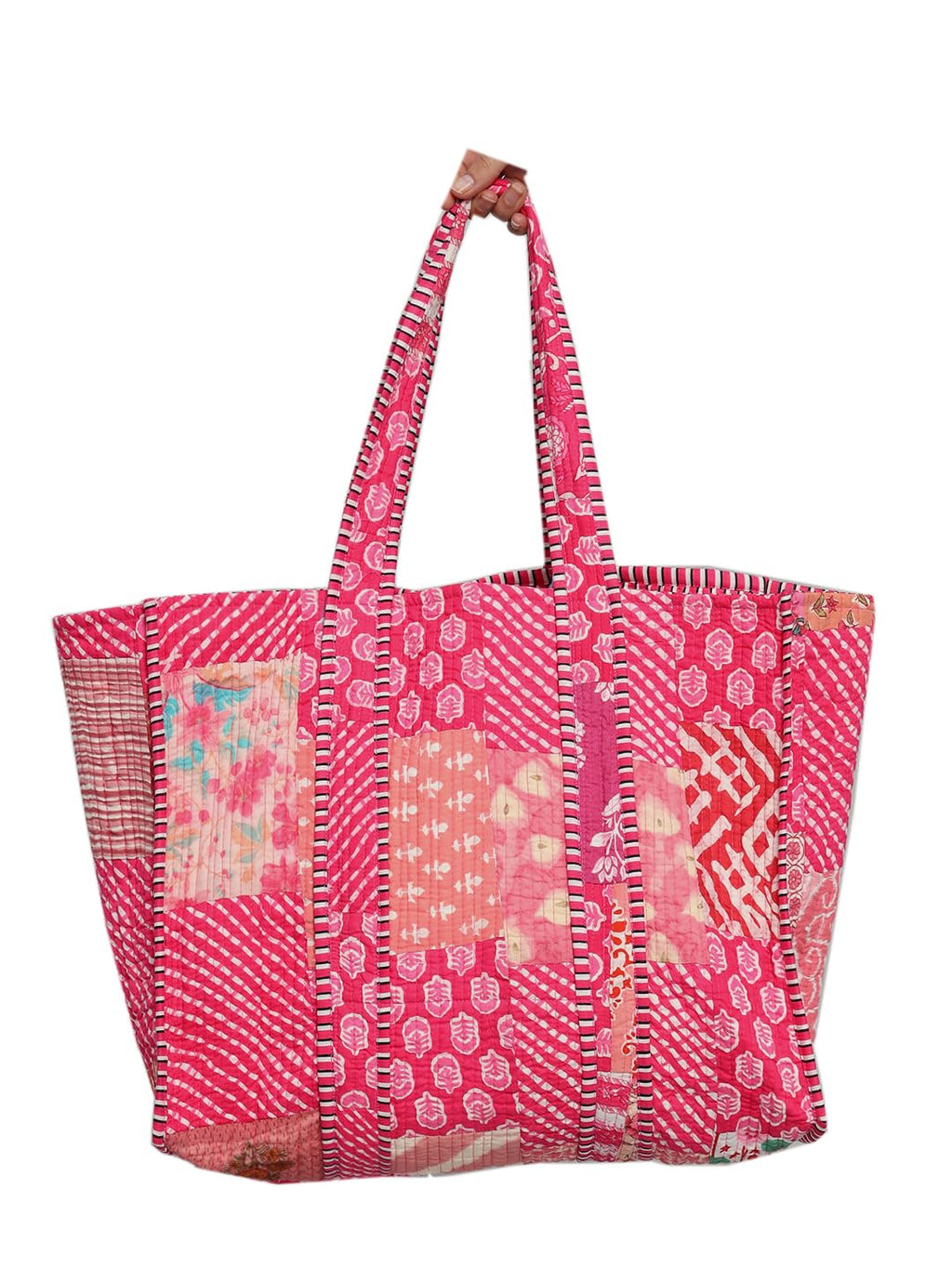 Ravaiyaa - Attitude is everything Patchwork Quilted Tote Bag Women Reversible Shoulder Bag Cotton Carry Bag Multipurpose Tote Bags (Pink)