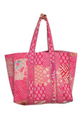 Ravaiyaa - Attitude is everything Patchwork Quilted Tote Bag Women Reversible Shoulder Bag Cotton Carry Bag Multipurpose Tote Bags (Pink)