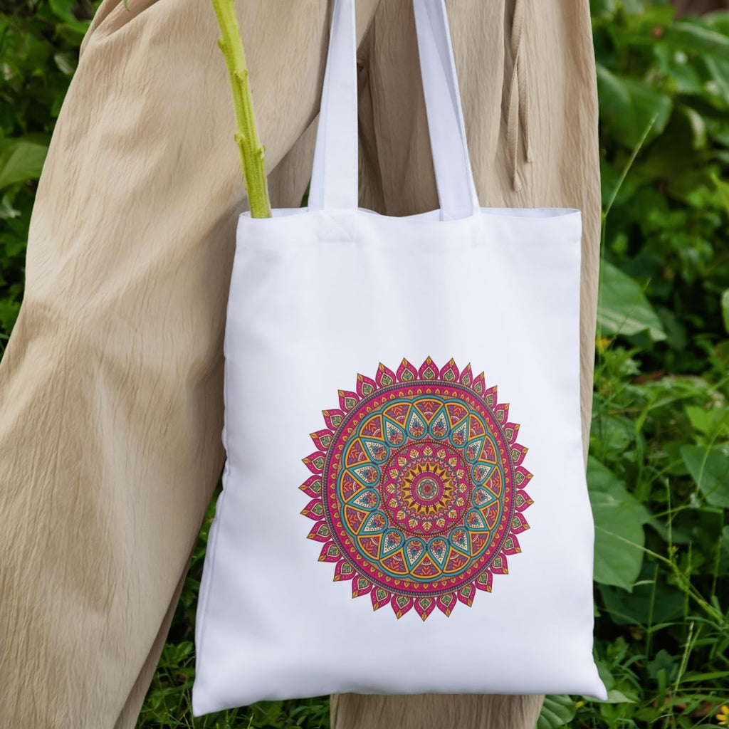 Adorvue Premium Reusable Colourful Mandala Printed Tote Bag Stylish Eco-Friendly Cotton Handbags, Canvas Bags for College, Shopping, Office, Travel, Grocery Runs, Beach Day and Casual Outing Pack of 2