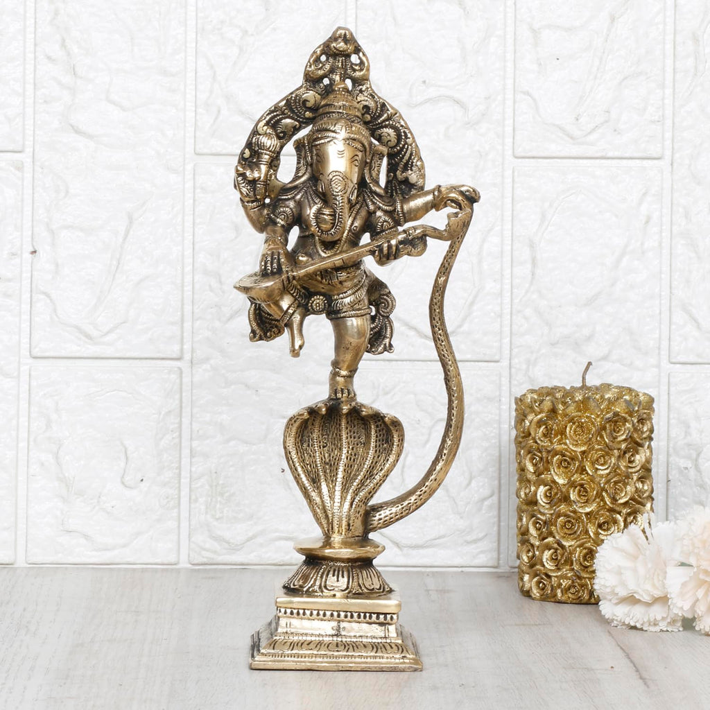 ARTVARKO Brass Dancing Ganesha Statue Ganesh on Shesh Naag Hood Murti Vastu Religious Figurine for Mandir, Living Room, Office Table and Home Decor 10.5 Inch