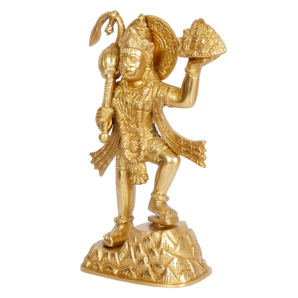 ARTVARKO Brass Hanuman ji Idol with Gandhmardn Hill Bajrang Bali Sankat Mochan Dronagiri Sumeru Hill Puja Decor Gift Height 9.5 inch