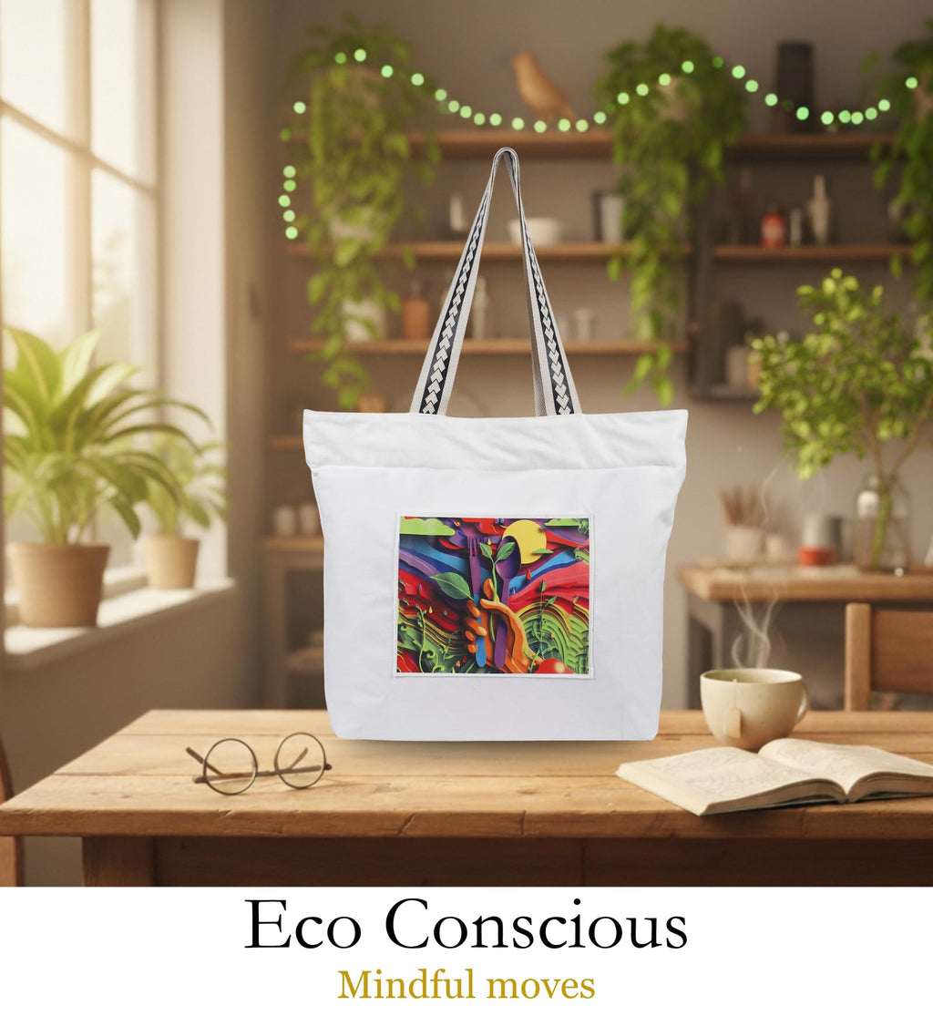 WOTM On The Move Tote | Premium Printed Cotton Canvas Tote Bag with Zipper & Inside Pocket, Stylish Everyday Travel Bag for Work, College, Office, Travel, Shopping (Eco Concious)