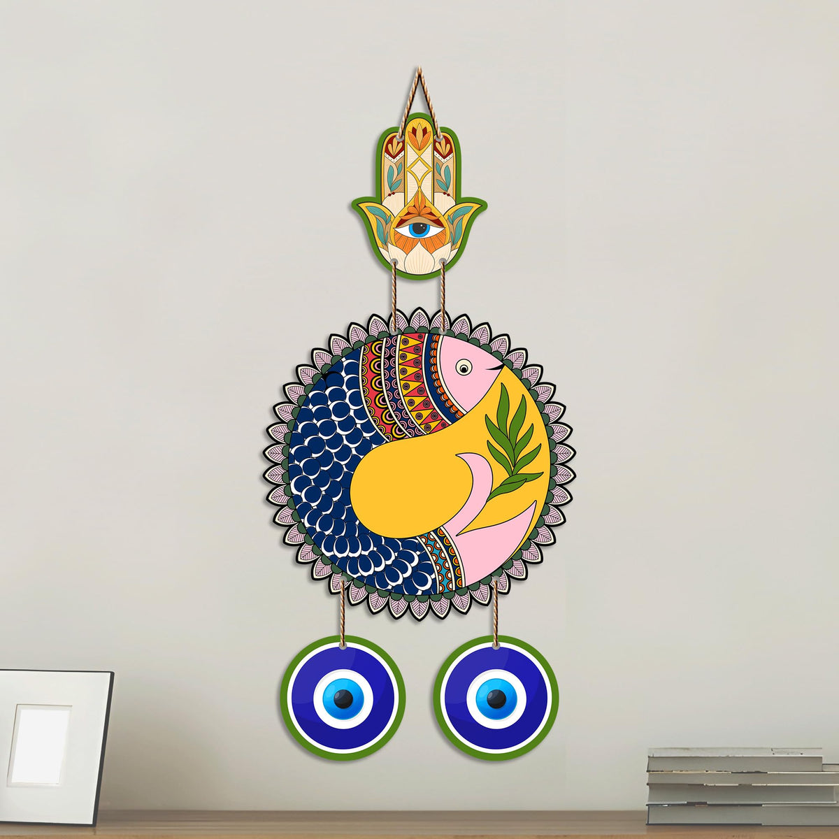 Artvibes Yin Yang Fish Evil Eye Wall Hanging for Home Decor | Feng Shui Balance Harmony Wall Art with Nazar Battu Protection for Entrance Living Room Office Positive Energy (WH_85148N)