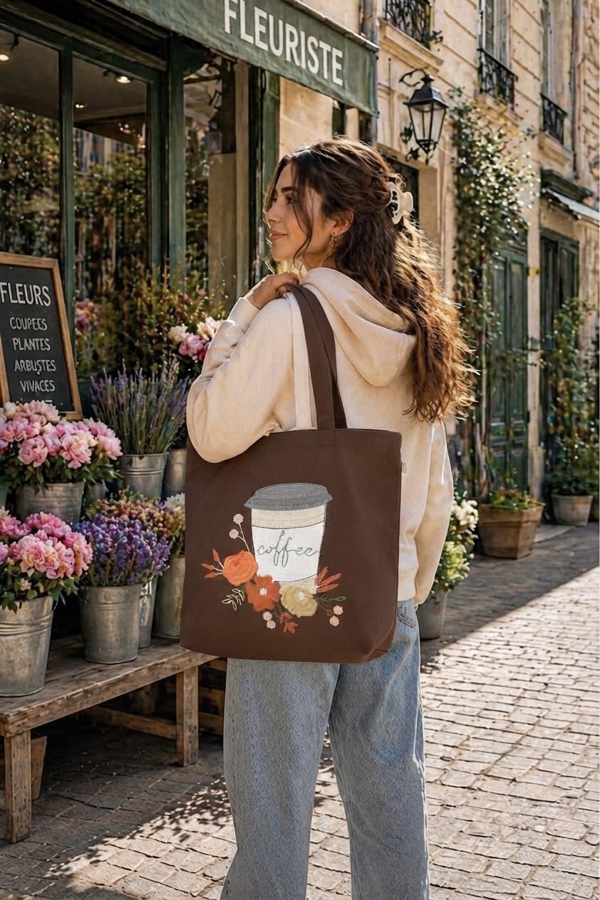 MASQ Premium ToteBag for Women with Zipper | Embroidered Foldable Shoulder Bag with Multiple Pockets | Spacious Handbag for College & Office | Eco-Friendly & Reusable (AP_TB_Coffee_Adict_01)
