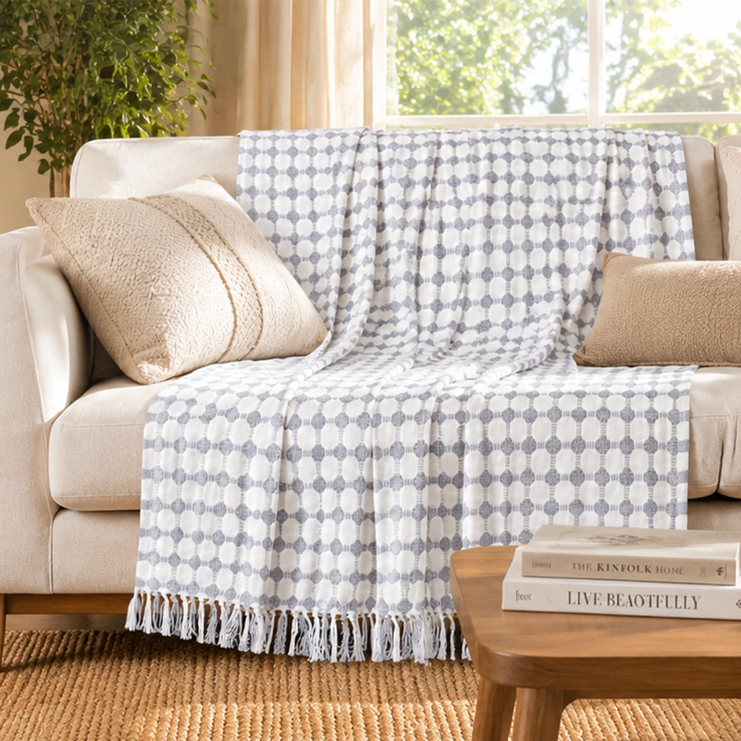 Furnofy 100% Cotton Sofa Throw | Handmade Throw - 50x60 Inches (Pack of 1) (White Button) Kafalo