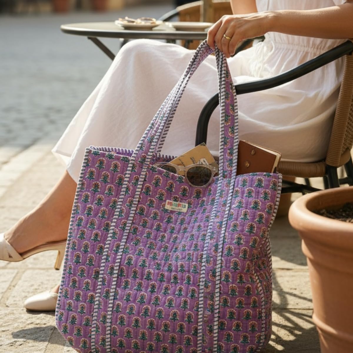 PShomes Large Cotton Tote Bag 18x18 Inches – 100% Cotton Shoulder Bag with Inner Pocket | Reusable Eco-Friendly Carry Bag for Laptop, Shopping, Travel & Daily Use (Purple-BLOCK)