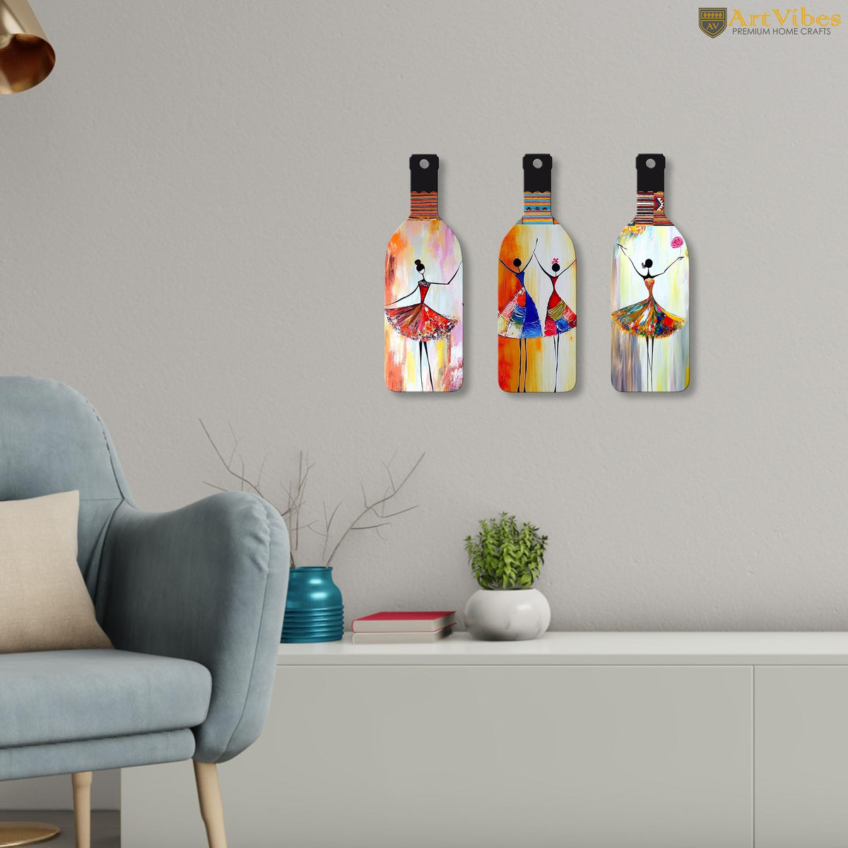 Artvibes Abstract Art Dancing Girl Wooden Wall Hanging for Home Decor | Decoration Items for Livingroom | Art Item for Office | Decorative Mdf Wall Hanger Artwork (WH_9501N), (Set of 3)