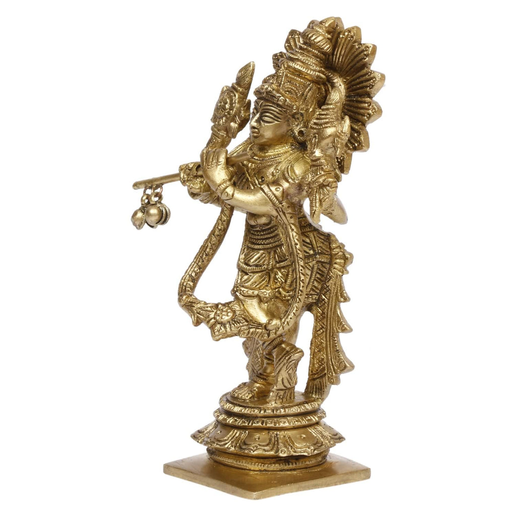 SVARUP Brass Idol of Krishna with Flute in Hand Gold Color 5.5 Inch Height