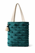 PUMITOWN Tote Bag for Women, Boho Woven Canvas Shoulder Bag with Tassel & Fringe Detail, Greenish-Blue Striped Handbag, Eco-Friendly, Large Capacity, 16x15 Inches (Handbag_Green)