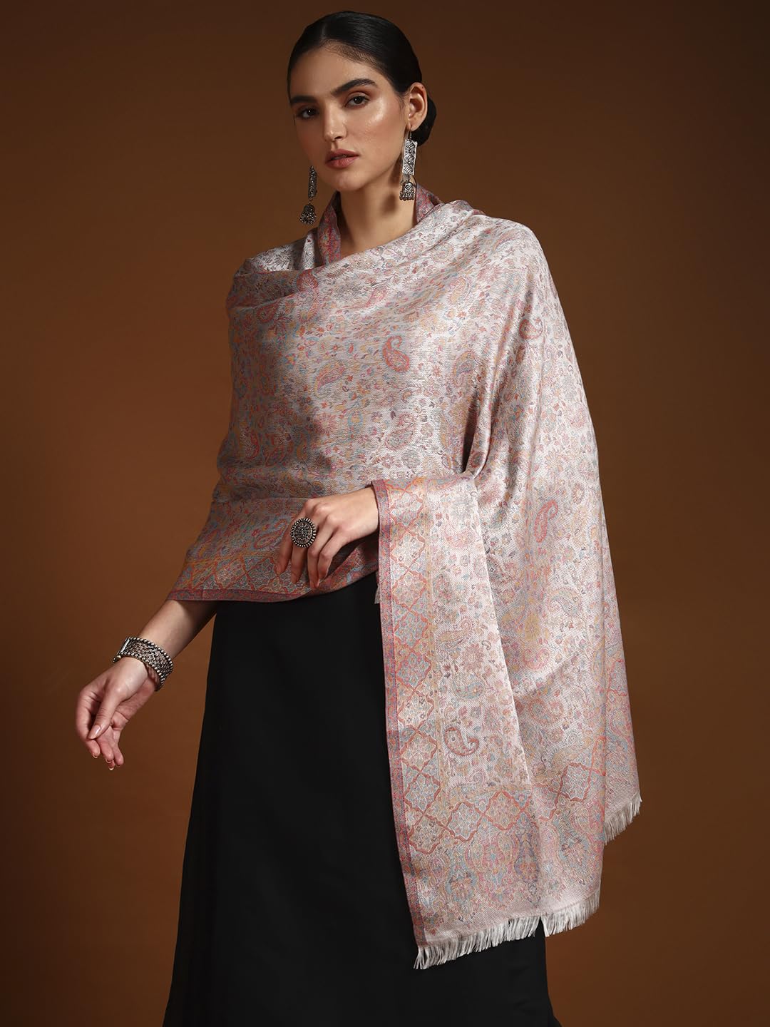 Pashmoda Women Chandni Kaani Stole, Authentic Kashmiri Luxury Pashmina Style Shawl, Stole, (Size 28x80 Inches, White Color) MAVST07
