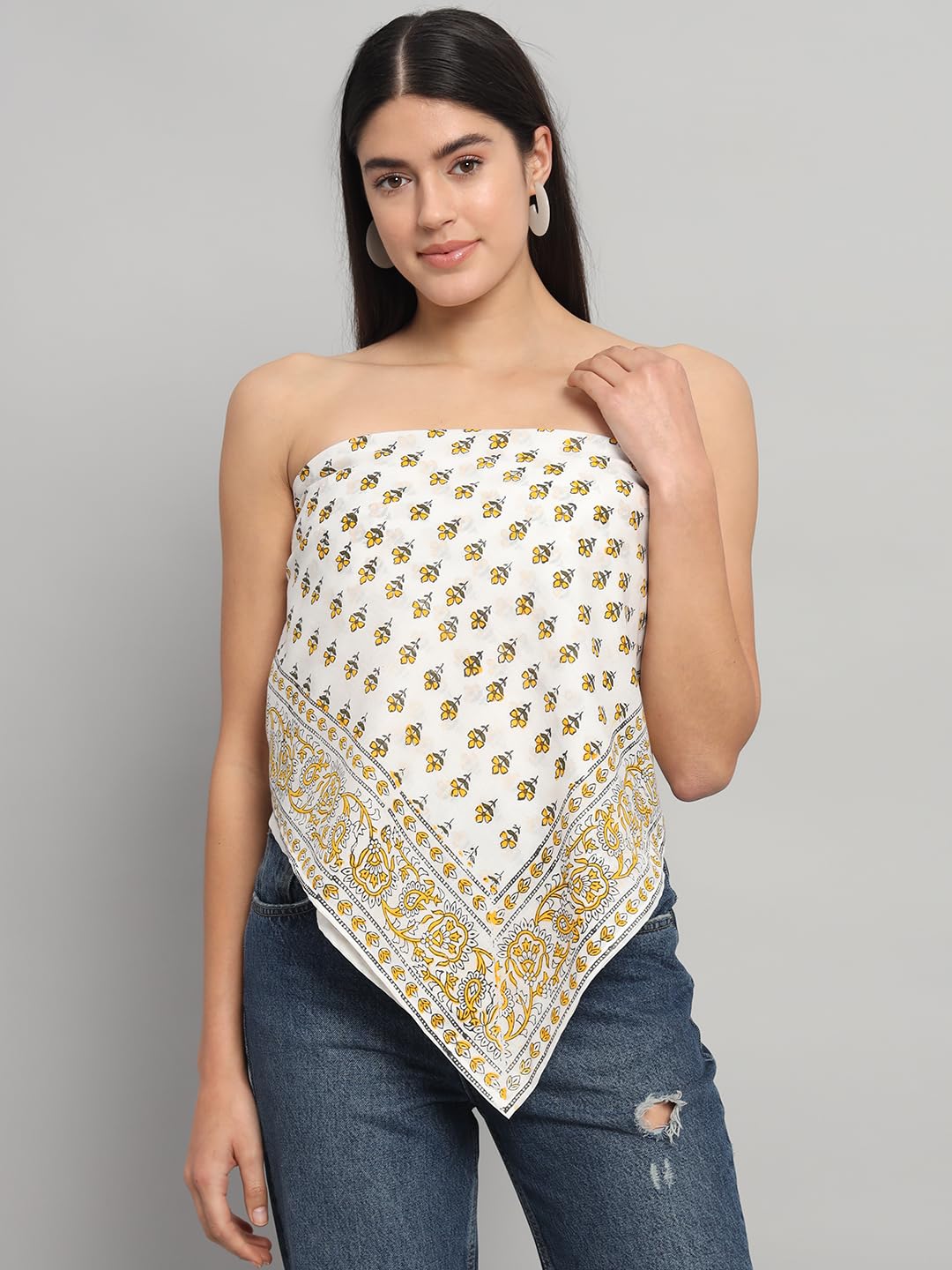 Ravaiyaa - Attitude is everything Sanganer Hand Block Printed Scarves Pure Cotton Scarf Square Hijab Dupatta 40 X 40 Inch (Yellow)