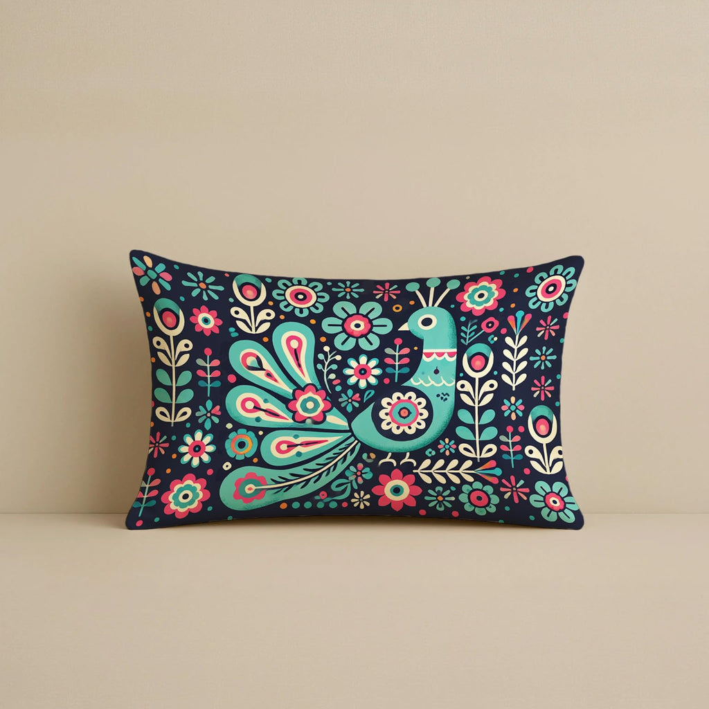 STITCHNEST Folk Art Satin Cushion Covers Peacock & Botanical Motif, 12x18 Inches, Decorative Set for Living Room (Pack of 2)
